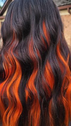 Orange Hair Color Ideas For Brunettes, Black Hair With Orange Underneath, Red And Blonde Hair Color Ombre, Spooky Season Hair, Black To Orange Ombre Hair, Orange Dip Dye Hair, Dark Brown And Orange Hair, Halloween Hair Dye Ideas, Halloween Hair Color Ideas For Dark Hair