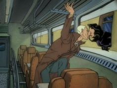 an animated image of a man on a train with his hand up to the window