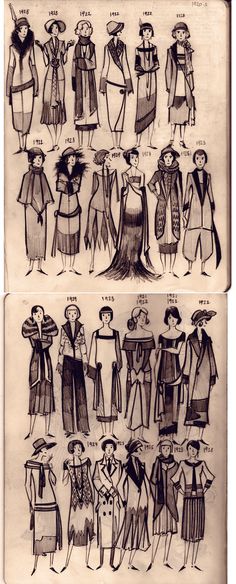 an old fashion book with different types of clothes and hats on it's pages