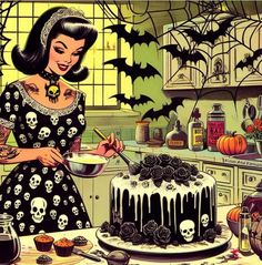 a woman is decorating a halloween cake with skulls on the table and bats flying around