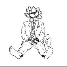 a black and white drawing of a person sitting on the ground with a flower in his lap