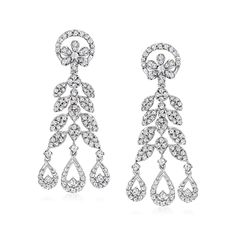 Ross-Simons - 1.50 ct. t. w. Diamond Floral Chandelier Earrings in Sterling Silver. Indulge in a sophisticated pair of chandelier earrings ? they'll effortlessly elevate your entire wardrobe. Our elegant designs suspend floral drops scintillating with 1.50 ct. t. w. round and round brilliant-cut diamonds. Crafted in sterling silver. Hanging length is 1 1/8". Post/clutch, diamond floral chandelier earrings. Diamond birthstones are the perfect gift for April birthdays. Glamorous Hand Set Chandelier Earrings For Formal Events, Diamond White Hand Set Chandelier Earrings For Formal Occasions, Formal Hand Set Chandelier Drop Earrings, Formal Brilliant Cut Chandelier Dangle Earrings, Formal Drop Chandelier Earrings With Prong Setting, Diamond Chandelier, Floral Chandelier, April Birthday, Diamond Birthstone