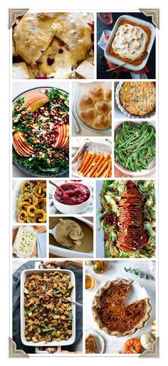 a collage of different thanksgiving dishes and desserts