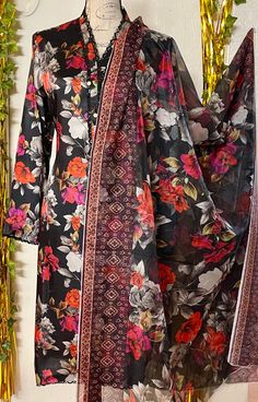 Floral Print Pakistani Suits, Elegant Semi-stitched Lawn Suit With Printed Motifs, Festive Silk Kurta With Floral Print, Elegant Designer Kurta With Digital Print, Multicolor Silk Straight Kurta Lawn Suit, Designer Silk Kurta With Digital Print, Unstitched Silk Kurta With Printed Motifs, Silk Salwar Kameez With Digital Print And Long Sleeves, Elegant Silk Lawn Suit With Digital Print