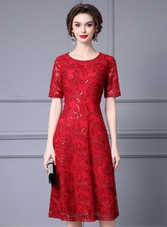 Moments of elegance and grace are encapsulated in this exquisite mother of the bride dress. The rich red hue of this gown exudes confidence and sophistication, making it an impeccable choice for such a special occasion. The dress is adorned with intricate sequined lace that creates a beautiful, shimmering effect. The dress features a round neckline and short sleeves, offering a classic and refined look, perfect for a mother who wants to feel both stylish and comfortable. The bodice fits snugly, Festive Knee-length Elegant Evening Dress, Elegant Red A-line Evening Dress, Festive Knee-length Evening Dress For Formal Occasions, Elegant A-line Burgundy Dress, Elegant Burgundy A-line Dress, Elegant Holiday Dress For Mother Of The Bride, Festive Red Formal Dress, Elegant Festive Lace Mother Of The Bride Dress, Elegant Red Mother Of The Bride Dress For Banquet