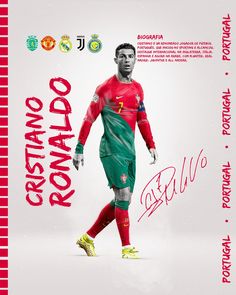 a soccer player in red and green uniform on a white background with the words cristiano ronald