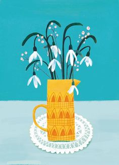 a painting of flowers in a yellow mug on a white doily with blue background