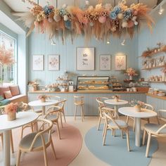 the interior of a bakery with pastel colors