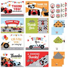 a bunch of thank cards with cars and balloons on them, all in different colors