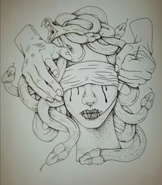 a drawing of a woman's head with hands on her face and two snakes around her