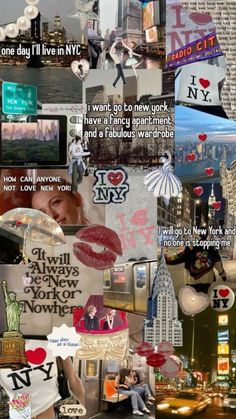 the collage has many different pictures and words on it, including new york city