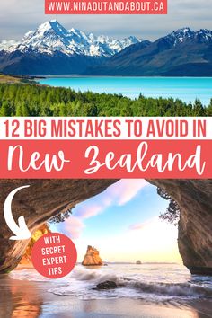 the beach with mountains in the background and text overlay that reads, 12 big mistakes to avoid in new zealand