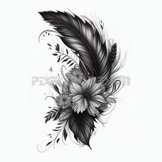 a black and white drawing of a feather with flowers