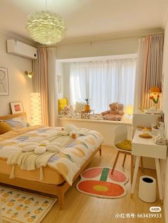 a bed room with a neatly made bed and a teddy bear on the window sill