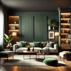 a living room with dark green walls and wooden flooring is furnished with modern furniture