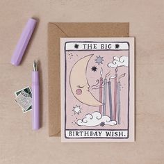 The Big Birthday Wish card from the Tarot collection at Sister Paper Co features a crescent moon and candles. Gen Z Birthday Card, Tarot Birthday Card, Moon Birthday Card, Tarot Birthday, Tarot Moon, Birthday Wishes Greeting Cards, Tarot Collection, Moon Birthday, Birthday Candle Card