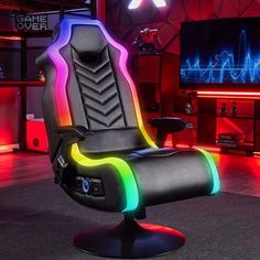 a gaming chair with colorful lights on it