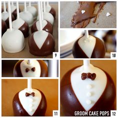 four pictures show how to make wedding cake pops with fondant hearts and bow ties