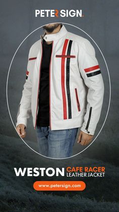 Stylish yet Minimalist, this White Café Racer with Red and Black Stripes sets the perfect mood for the upcoming festive season. Have a look at our collection and avail yours now. #premiumleather #winter #winterstyle #winter2021 #winterfashion Man Cafe, Cafe Racer Leather Jacket, White Cafe, Cafe Racer Jacket, Racer Jacket, Cafe Racer, Love Your, Red And Black, Black Stripes