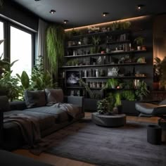 a living room filled with lots of plants next to a large window covered in greenery