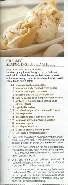 the recipe for creamy seafood stuffed shells is shown in an article about how to cook it