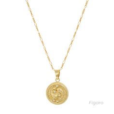 This Zodiac Necklace is a gold pendant necklace you will adore! You can choose your zodiac sign or your loved one's - how cute is that! Layer with other necklaces or wear it as statement jewelry. Coin size: 18 mm, thickness: 2 mm Spring ring clasp (6mm) 18K gold plated coin 14K gold filled chain (Cable, Figaro or Satellite) Comes with 2" extender Nickel-free Gold Zodiac Sign Pendant Necklaces, Gold Zodiac Pendant Necklace, Gold Zodiac Sign Pendant Charm Necklace, Gold-plated Zodiac Sign Necklace, Gold Dainty Zodiac Sign Charm Necklace, Gold Plated Zodiac Sign Round Necklaces, Constellation Necklace, Zodiac Necklace, Zodiac Necklaces