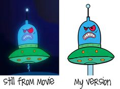 two cartoon images one with an alien ship and the other with a spaceship