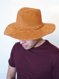 "The chicest hat we have ever made, classic silhouette. With leather details. Spot Clean Brim 10.5 cm/4 Inch Hat Crown Circumference 24-25\" Can be adjusted to made smaller with internal size adjuster" Fedora Hats For Men, Wide Brim Felt Hat, Brown Fedora, Black Fedora Hat, Fedora Hat Men, Black Trucker Hat, Suede Hat, Black Fedora, Rancher Hat