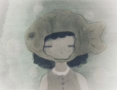 a drawing of a woman with a fish hat on her head