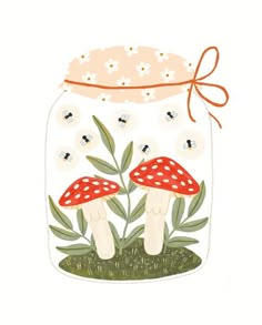 a jar filled with mushrooms and flowers