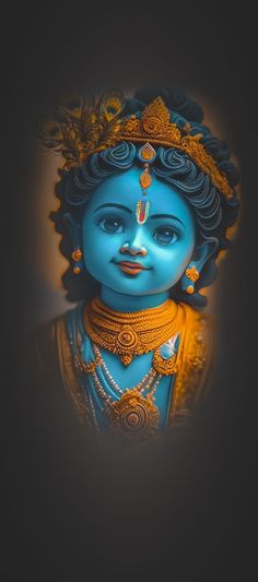 a blue statue with gold jewelry on it's neck and head, in the dark