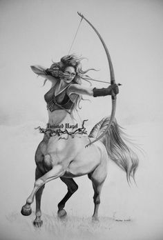 a pencil drawing of a woman riding on the back of a horse with a bow and arrow