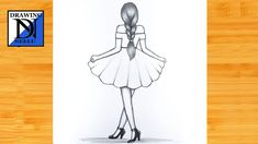 a drawing of a girl with long hair wearing a white dress and high heeled shoes