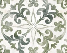 a green and white wallpaper with an ornate design