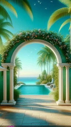 an archway leading to the ocean with palm trees on either side and a pool in the middle