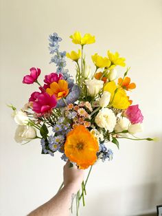 a hand holding a bouquet of colorful flowers