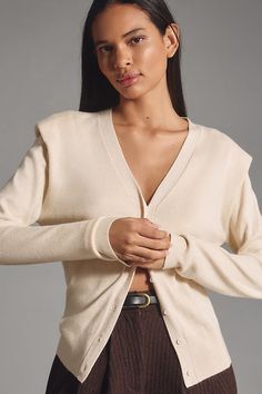 80% rayon, 20% nylon Button front Hand wash Imported | V-Neck Shoulder Pad Cardigan Sweater by Grey Lab in Beige, Women's, Size: XS, Nylon/Rayon at Anthropologie Elegant Cream V-neck Cardigan, Luxury Women's V-neck Sweater With Ribbed Collar, Elegant Beige Cashmere V-neck Sweater, Luxury Gray V-neck Sweater, Chic Gray V-neck Cardigan, Front Hand, Exclusive Dress, Beige Sweater, The Grey