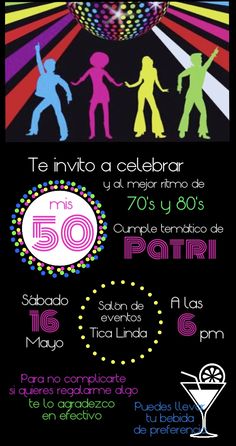 an advertisement for the 50th anniversary party with people dancing and holding hands in front of a disco