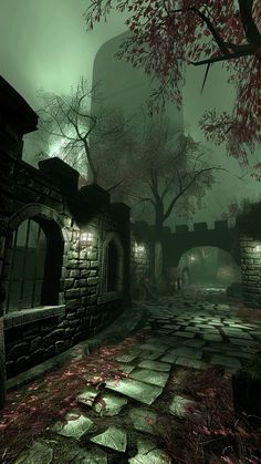 an animated image of a dark alley with trees in the background