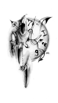 a drawing of a clock with an evil face on it's face and hands