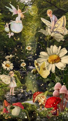 a fairy scene with flowers, mushrooms and other things in the background that look like they are floating