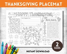 the thanksgiving coloring page is shown with markers and crayons on top of it