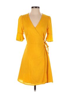 Old Navy Casual Dress Size: X-Small Yellow Dresses - used. 55% COTTON, 45% RAYON, Wrap, V Neck, Short, 3/4 Sleeve | Old Navy Casual Dress - Wrap: Yellow Dresses - Used - Size X-Small Yellow Casual Dress, Yellow Dresses, Solid Dress, Yellow Dress, Ann Taylor Loft, Second Hand Clothes, Casual Dresses For Women, Clean Out, Ann Taylor