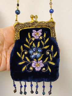 Antique Blue Silk Velvet 1900s 1910s Microbeaded Brass Frame Bag Purse Art Nouveau Edwardian Handbag Art Nouveau Bag, Vintage Blue Rectangular Shoulder Bag, Handmade Vintage Blue Shoulder Bag, Vintage Handmade Bags For Personal Use, Vintage Handmade Bag, Handmade Vintage Handheld Shoulder Bag, Vintage Blue Embroidered Bag, Vintage Handmade Pouch Bag, Vintage Handmade Crossbody Bag