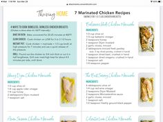 the menu for marinated chicken recipe is shown