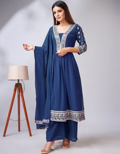 stylish blue georgette traditional function wear readymade suit collection with blue georgette rt8787-184157 Front View Georgette Palazzo, Blue Dupatta, Georgette Dupatta, Suit Collection, Palazzo Suit, Pink Bottom, Moroccan Caftan, Green Bottom, Hip Dress