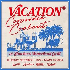 an old poster advertising vacation co - ope's waterfront grill, with palm trees in the background