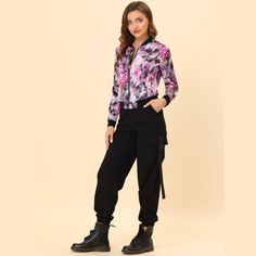 The stylish floral bomber jacket will be your casual favorite. Perfect to wear with straight high-rise jeans and sneakers for a cool look. The fabric is super soft and the print is unique and beautiful. Refresh your coat collection with this floral bomber jacket. Floral patterns make this zipper jacket a timeless piece for spring or autumn. Spring Floral Print Outerwear With Stand Collar, Fall Floral Print Outerwear With Stand Collar, Fitted Long Sleeve Floral Print Outerwear, Fitted Floral Print Long Sleeve Outerwear, Trendy Long Sleeve Floral Print Outerwear, Trendy Floral Print Long Sleeve Outerwear, Floral Prints Fashion, Woman Standing, All Black Outfit