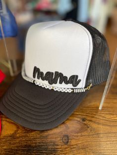 Custom School Spirit Trucker Hat – Hissy Fit Boutique Mama Patch Hat, Personalized Trucker Hat, Mom Trucker Hats, Cute Trucker Hats With Patches, Trucker Hat Chain Diy, Mama Trucker Hat, Hat Patches Design, Trucker Hat Chain, Custom Trucker Hat Ideas