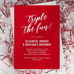 Triple the birthdays means triple the fun! Our simple, modern, yet classy joint party invitations effortlessly set the tone for your celebration. Featuring a trendy red background and a dash of humor with the phrase 'triple the fun', these templates are easy to personalize, making party planning a breeze. Dare to differentiate your event right from the invite! Adult Birthday Invitations, November 23, Birthday Party Invitation, Lets Celebrate, Red Background, Birthday Party Invitations, Party Planning, Birthday Invitations, Party Invitations